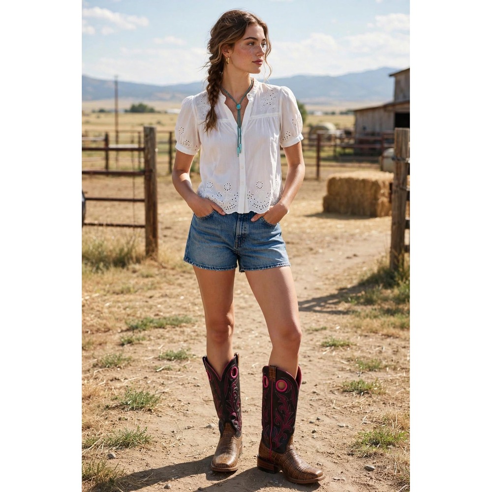 Ariat Chute Out Western Boots Womens 7.5 B Teagenta Tan Croc Embossed Leather